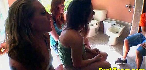  Three Teen Pornstars Seducing and Sucking 2 Guys in the Bathroom - FuckTeem.com